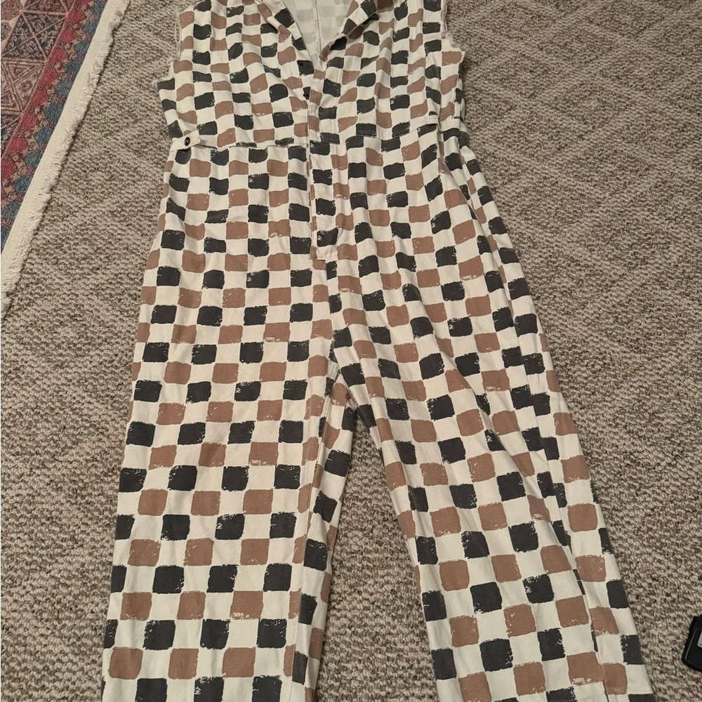 Checkered Sleeveless Jumpsuit - Black and Brown - Picture 1 of 2